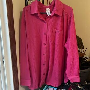 Woman’s plus size 2X button down long sleeve crinkle hot pink shirt
